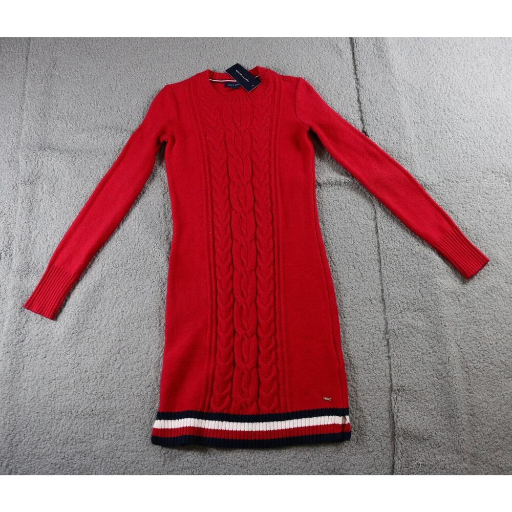 New Tommy Hilfiger Dress Womens Xxs Red Cable Knit Sweater Striped Bottom Trim